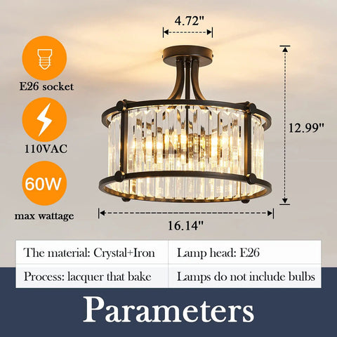 Six Light Black Semi Flush Mount Crystal Chandelier Modern Ceiling Light Fixture dimensions and specifications
