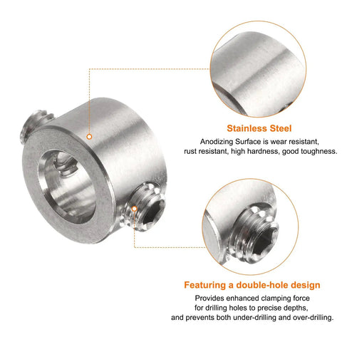 Adjustable 8mm Drill Stop Collar Kit With Stainless Steel Depth Limit Ring and Hex Key For Right On The Money Precision and Zero Sweat Drilling On Any Project Scale, showcasing a stainless steel collar with double-hole design.