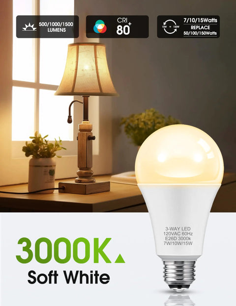 3 Way LED Bulbs 50, 100, 150W Equivalent, Dimmable A19 E26 Base, Soft White 3000K in cozy room setting with lamp