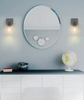 Black Wall Sconces Set of Two Farmhouse Rustic Bathroom Sconces With Glass Shade Modern UL Listed Vanity Lights beside round mirror