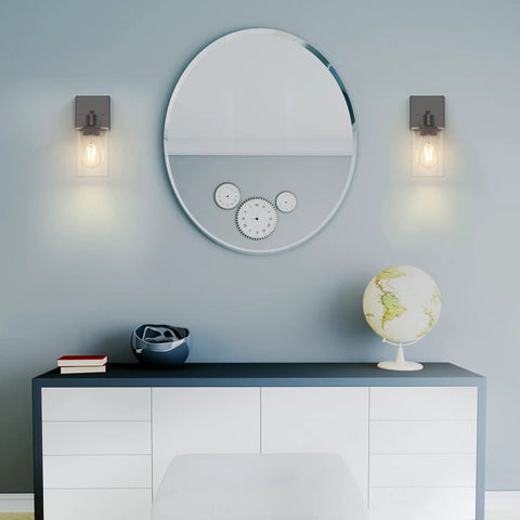 Black Wall Sconces Set of Two Farmhouse Rustic Bathroom Sconces With Glass Shade Modern UL Listed Vanity Lights beside round mirror