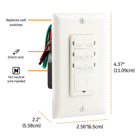 Push Button In Wall Countdown Timer Switch No Neutral Required Easy Install With Six Presets for Lights Bathroom Fan 15318