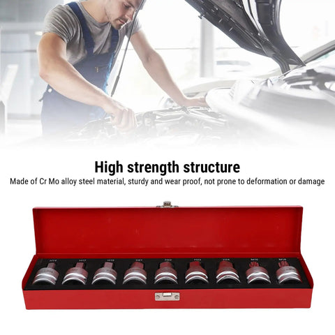 Rock Solid 9 Pcs Heavy Duty Impact Hex Bit Socket Set With 3 4 Inch Drive, Features Cr Mo Steel Build For Big Jobs Like H14 To H24 Size Allen And M16 M18 Spline Bits That Save Your Tools During Tough Repairs. Red 3/4 inch Cr Mo impact hex bit socket set in case for auto repair