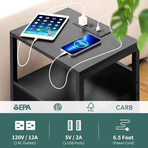 Nightstand with Charging Station and LED Light Fabric Drawers and Storage Shelf Bedside Table with USB Ports and Outlets charging devices