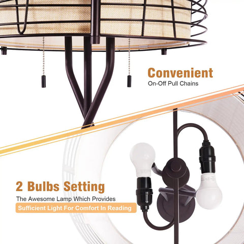 Industrial Farmhouse Floor Lamp With Double Drum Shade 65 Inch Tall Rustic Bronze Woven Iron Metal Burlap two bulbs and chains