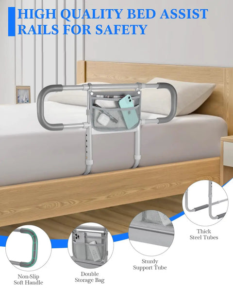 Rock Solid Extended Bed Rail For Seniors Safe Guard Bar With Storage Bag on a bed with non-slip handle and steel frame.