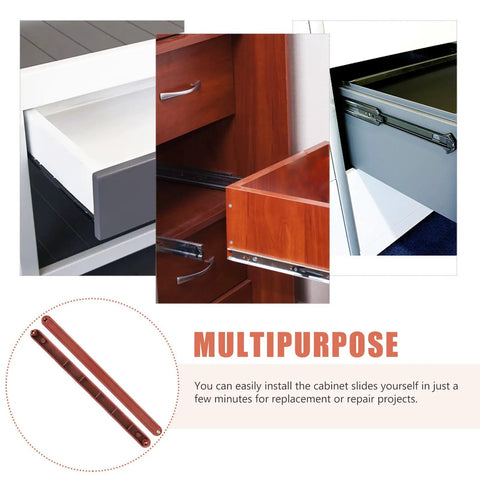 Bottom Mount Drawer Slides 235mm Pack Of 2 for Cabinets, Dressers, Wardrobes shown in various drawer installations.
