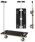 Premium Heavy Duty Rectangular Wood Platform Dolly With Handle For Moving Furniture, black rubber surface, folding design, sturdy wheels.