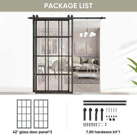 Bypass Double Glass Barn Door Kit With 84 By 84 In Clear Tempered Glass And 7.5 Ft Side Mounted Aluminum Black Frame Hardware
