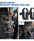 Two Piece Gun Rack Mount Kit For Rigid MOLLE Panels With Quick Release Rubber Straps in car, holding rifle securely