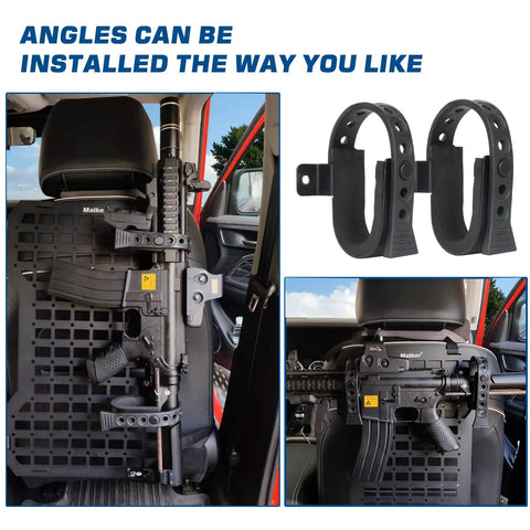 Two Piece Gun Rack Mount Kit For Rigid MOLLE Panels With Quick Release Rubber Straps in car, holding rifle securely