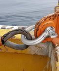 Beefy 3/8 Inch 304 Stainless Steel D Ring Shackles With Screw Pin Anchor Design Rock Solid Rigging Hardware For Traction Wire And Off Road Builds Top Shelf Quality 2 Pack secured to a boat with orange connection.