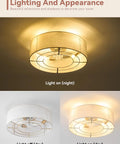 Low Profile Ceiling Fan With Light 20 Inch Boho Rattan Flush Mount Drum Cage showing light on and off to illustrate appearance.