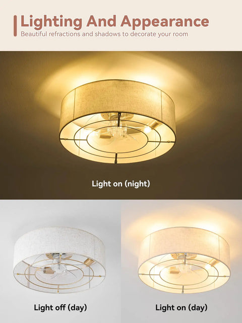 Low Profile Ceiling Fan With Light 20 Inch Boho Rattan Flush Mount Drum Cage showing light on and off to illustrate appearance.