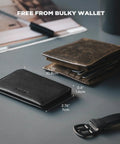 Ultra Slim Minimalist Card Holder With RFID Blocking Leather Front Pocket Wallet Magnetic Closure shown next to bulky wallet