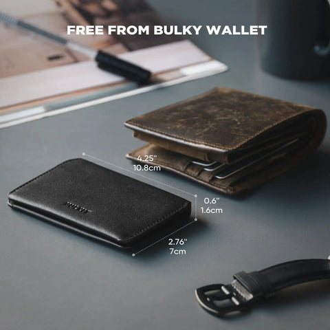 Ultra Slim Minimalist Card Holder With RFID Blocking Leather Front Pocket Wallet Magnetic Closure shown next to bulky wallet