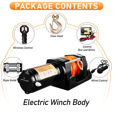 4500lb Electric Winch With Synthetic Rope For Off Road Recovery 12V DC Motor With Serious Torque 185 To 1 Gear Ratio Three Stage Planetary Drive Auto Braking For Power Outages 41.3 Ft Rope, with wireless control and hook