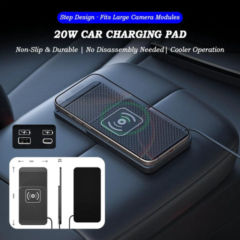 Smooth Ride Wireless Charging Pad placed on dashboard with smartphone, showing 20W fast charge and non-slip design.
