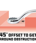 Close-up of a 45-degree offset on a 5 Piece Metric Offset Box End Wrench Set with Z Drive Broaching, Chrome Vanadium Steel.