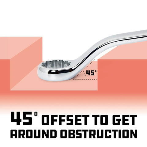 Close-up of a 45-degree offset on a 5 Piece Metric Offset Box End Wrench Set with Z Drive Broaching, Chrome Vanadium Steel.