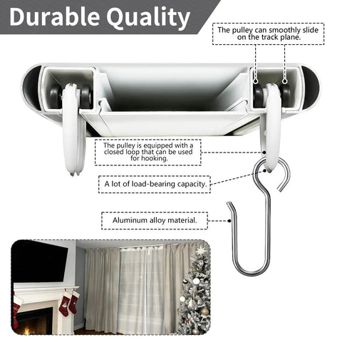 Heavy Duty Pulley And S Hook Set For Double Curtain Track Ceiling Mounted Upgraded White Rail System For Bedroom, Office, Study, Outdoor Courtyard And RV 48 Piece Set aluminum alloy pulley and hook close-up