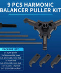 Heavy Duty Harmonic Balancer Puller Kit with 6 Jaw Set and Adjustable 3 Jaw Extractor shown with parts list on blue background.