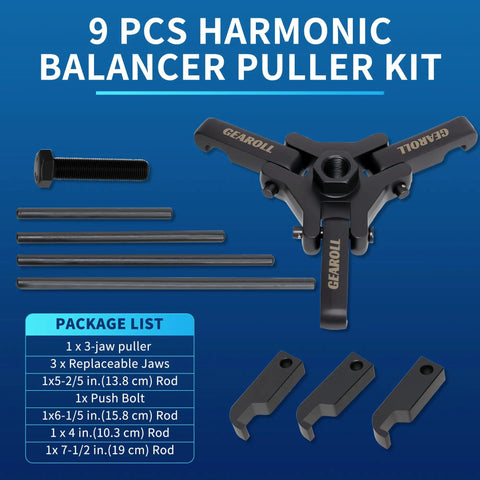 Heavy Duty Harmonic Balancer Puller Kit with 6 Jaw Set and Adjustable 3 Jaw Extractor shown with parts list on blue background.