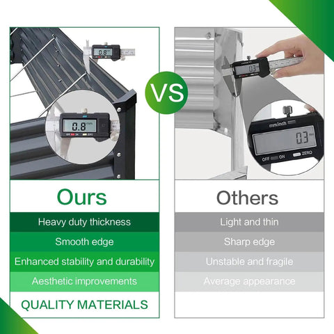 Comparison of heavy-duty galvanized steel in Raised Garden Bed Kit 6x3x1 Ft Metal Planter Boxes Outdoor with competitors' materials.
