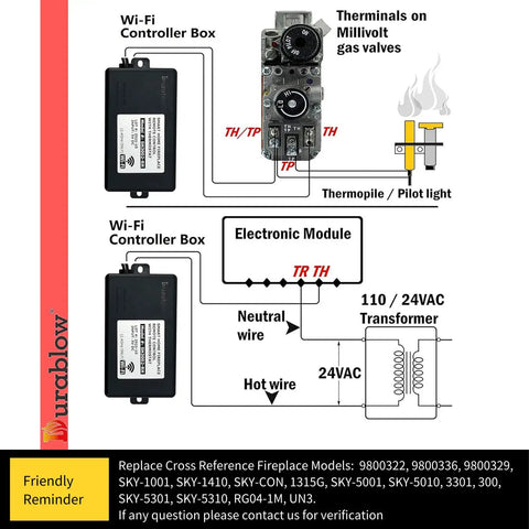 Smart Gas Fireplace Controller With WiFi Remote For Millivolt Valve diagram showing circuit and component connections.