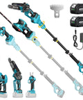 Cordless 8 In 1 Garden Tool Kit With Long Reach Pole Saw Hedge Trimmer Pruner And Grass Shears 4000mAh Battery Extendable Shaft Electric Yard Care System For No Fuss Outdoor Pruning And Lawn Maintenance showing tools and battery
