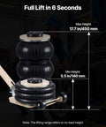 Beefy Triple Bag Air Jack 3 Ton Pneumatic Lift For Cars, SUVs And Trucks with adjustable long handle, showing lift height of 17.7 inches.