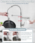 RV Kitchen Faucet With Soap Dispenser And Pull Down Sprayer, Easy Install Single Handle Deck Plate Mount, Dual Function Spray Head, Brushed Nickel Finish For Camper Farmhouse RV Kitchen Sinks in use with pan and soap dispenser
