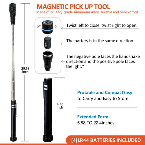 Diagram of Five Piece Magnetic Pickup Tool Kit With Telescoping Flexible Flashlight showing dimensions and assembly