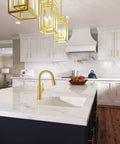 hansgrohe Joleena Pull Down Kitchen Faucet, Transitional, Magnetic Hand Sprayer, 1-Handle, 1.75 GPM, Brushed Gold Optic, 04112250 on marble countertop.