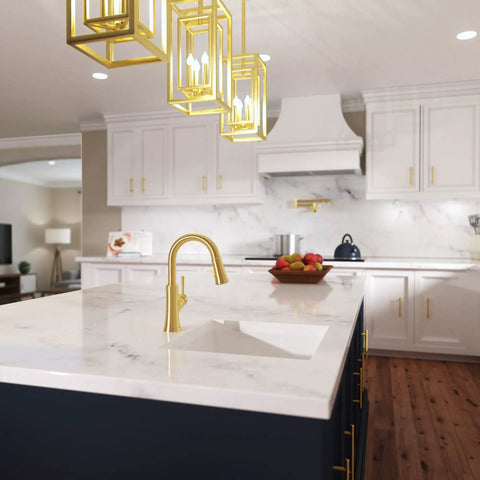 hansgrohe Joleena Pull Down Kitchen Faucet, Transitional, Magnetic Hand Sprayer, 1-Handle, 1.75 GPM, Brushed Gold Optic, 04112250 on marble countertop.