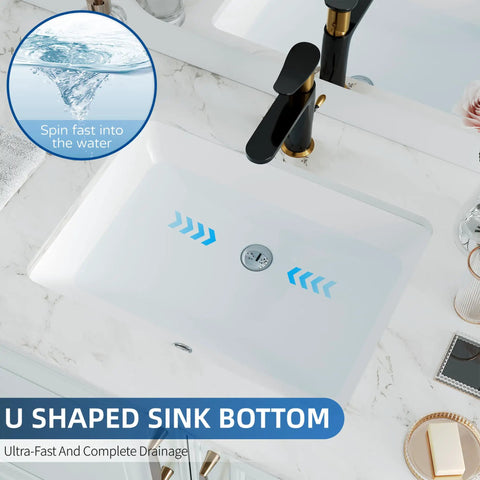 Top Shelf White Fireclay Undermount Bathroom Sink Rectangle 18X13 Inch with U-shaped bottom for efficient drainage.