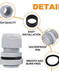 15 Pack NPT 1/2 Inch Nylon Cable Glands Electrical Strain Relief Cord Connector IP68 Waterproof Adjustable 9-14mm