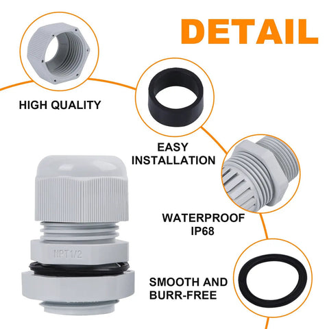 15 Pack NPT 1/2 Inch Nylon Cable Glands Electrical Strain Relief Cord Connector IP68 Waterproof Adjustable 9-14mm