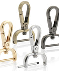 Four metal detachable snap hook swivel clasps with screw bar for bag straps, one and a half inch wide, in various finishes, front view.