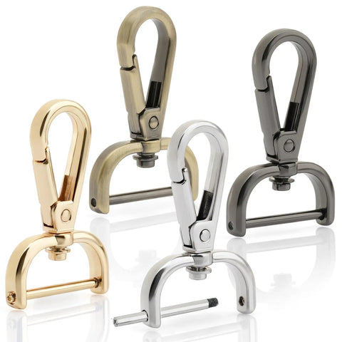 Four metal detachable snap hook swivel clasps with screw bar for bag straps, one and a half inch wide, in various finishes, front view.