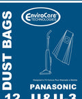 Packaging of 12 Replacement Micro Filtration Dust Bags For Panasonic Upright Vacuum U U-3 U-6 Series Fits Like A Glove