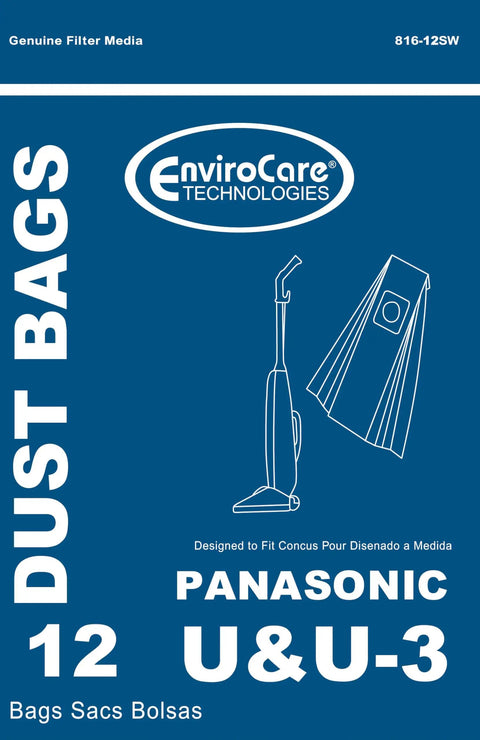 Packaging of 12 Replacement Micro Filtration Dust Bags For Panasonic Upright Vacuum U U-3 U-6 Series Fits Like A Glove