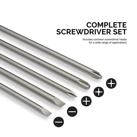 Extra Long 12 Inch Bit Set For Power Drivers 5 Piece Cr V Steel Screwdriver Bits Phillips PH1 PH2 PH3 And Slotted Three Sixteenths And One Quarter Inch Hex Shank Durable Long Reach Bits