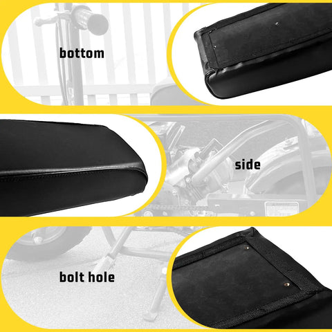 Upgraded Mini Bike Seat For Predator 79Cc 97Cc 98Cc 100Cc Engines with cushy cushion shown in bottom, side, and bolt hole views