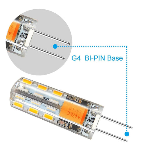 Close-up of G4 LED Bulbs BiPin Base Landscape Lights 12V 1.5W Warm White 3000K T3 Size 9mm By 35mm Non Dimmable
