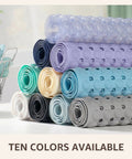 Big Time Grip Non Slip Bathtub Shower Mat Features Heavy Duty Suction Cups For Zero Slip Drains Quick Dry Cutouts Made From Soft Bendable Tpe For Super Chill Foot Comfort And Hassle Free Rinse Clear Thirty Five By Sixteen Inch Layout in ten color options neatly stacked.