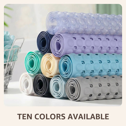 Big Time Grip Non Slip Bathtub Shower Mat Features Heavy Duty Suction Cups For Zero Slip Drains Quick Dry Cutouts Made From Soft Bendable Tpe For Super Chill Foot Comfort And Hassle Free Rinse Clear Thirty Five By Sixteen Inch Layout in ten color options neatly stacked.