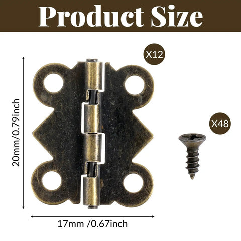12 Pcs Small Brass Hinges With Screws 1 Inch Retro Vintage Bronze Butterfly Style Hinge Set product size and screw