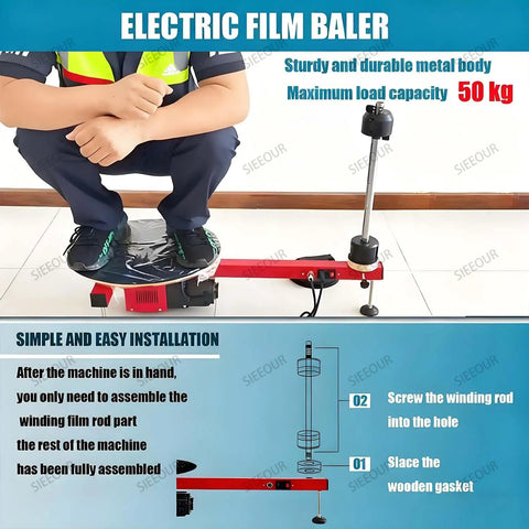 Semi Automatic Stretch Film Wrapper For Pallet Wrapping with electric turntable, showing assembly instructions.
