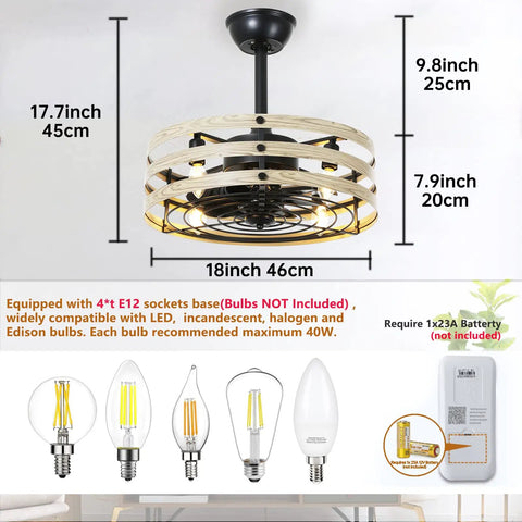 Cool Farmhouse 18 Inch Ceiling Fan With Lights Remote Control Flush Mount White Caged Design with bulb bases shown